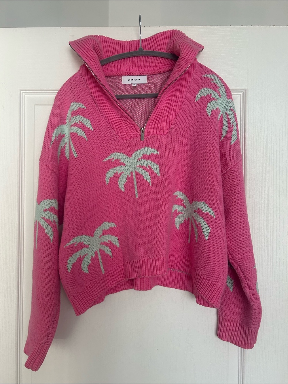 John + Jenn Pink Palm-Print 1/4 Zip Knit Sweater